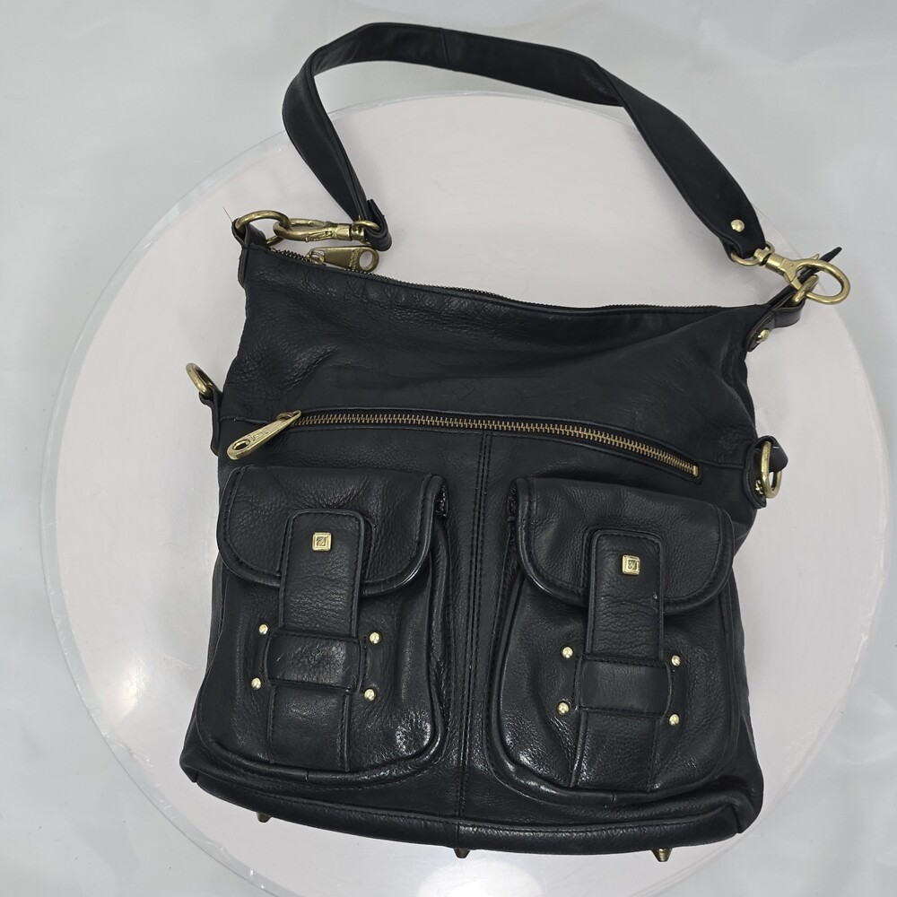 STONE MOUNTAIN Black Pebbled Leather Fold Over Shoulder Bag/Hobo